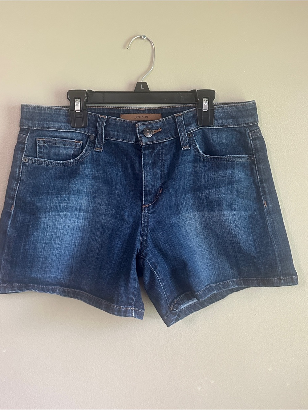 Joe's Jeans Indigo Blue Denim Shorts with Tan Leather Patch